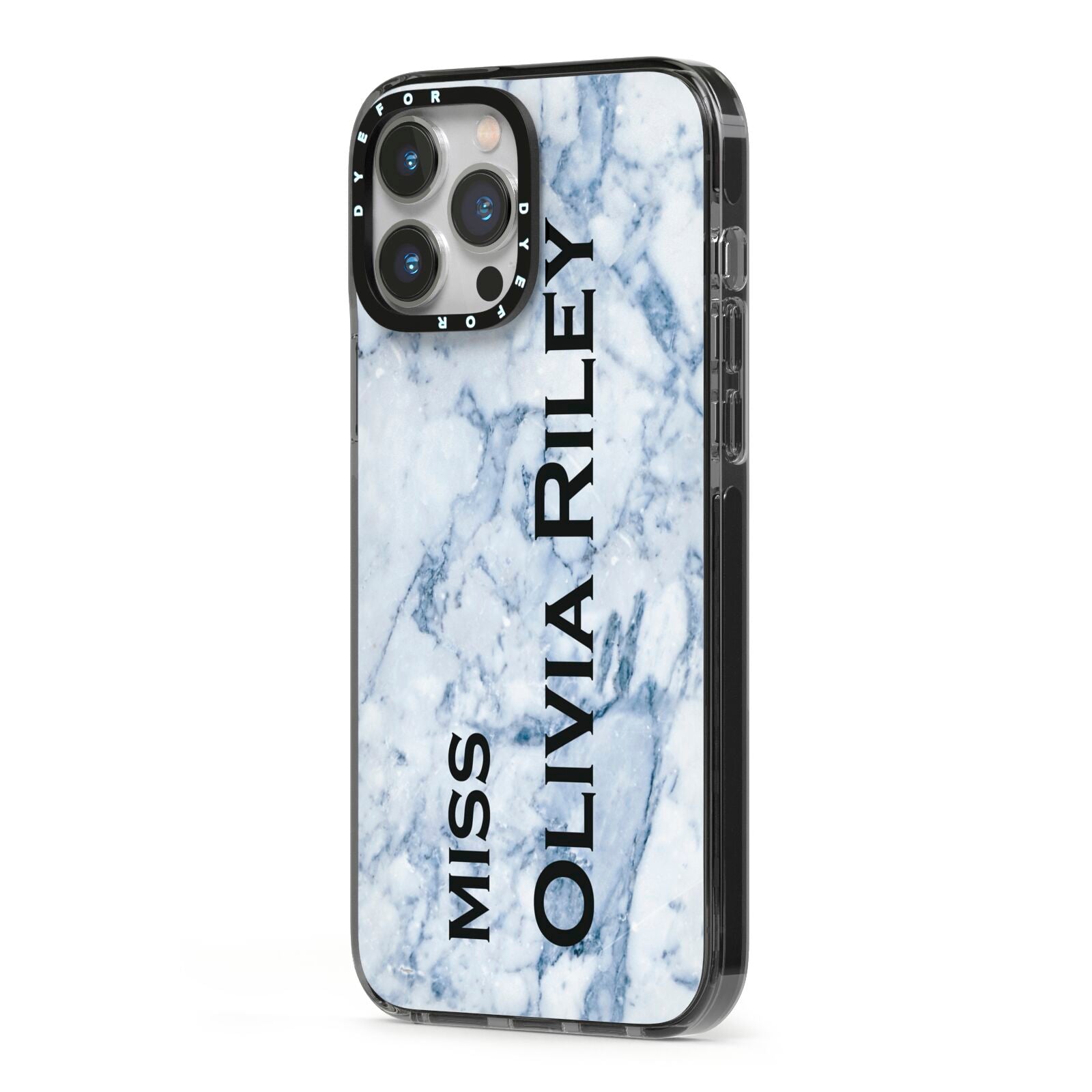 Full Name Grey Marble iPhone 13 Pro Max Black Impact Case Side Angle on Silver phone