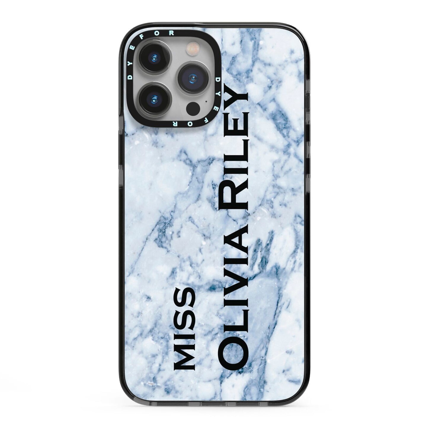 Full Name Grey Marble iPhone 13 Pro Max Black Impact Case on Silver phone