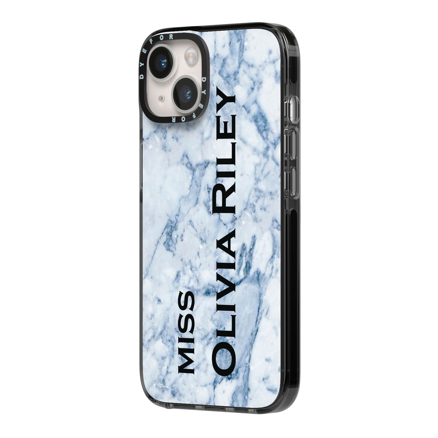 Full Name Grey Marble iPhone 14 Black Impact Case Side Angle on Silver phone