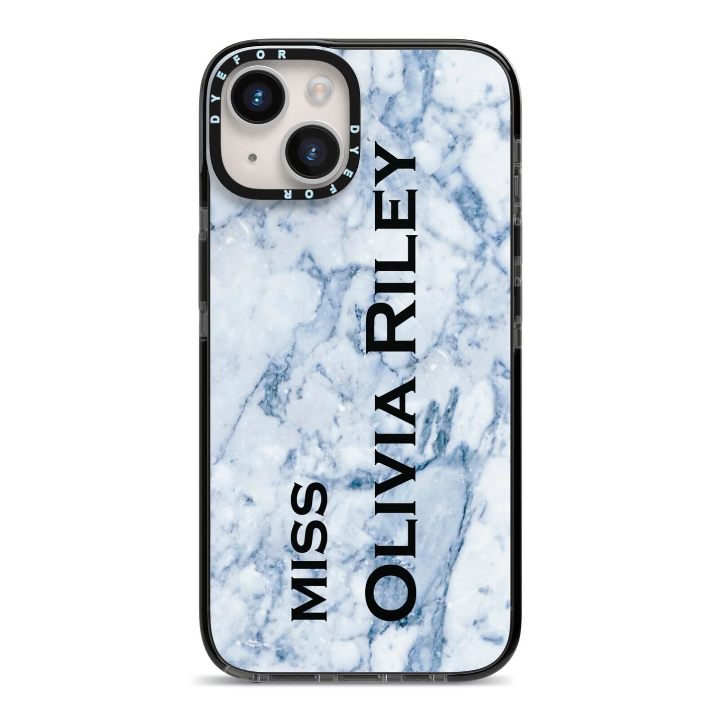 Full Name Grey Marble iPhone 14 Black Impact Case on Silver phone