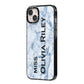 Full Name Grey Marble iPhone 14 Plus Black Impact Case Side Angle on Silver phone
