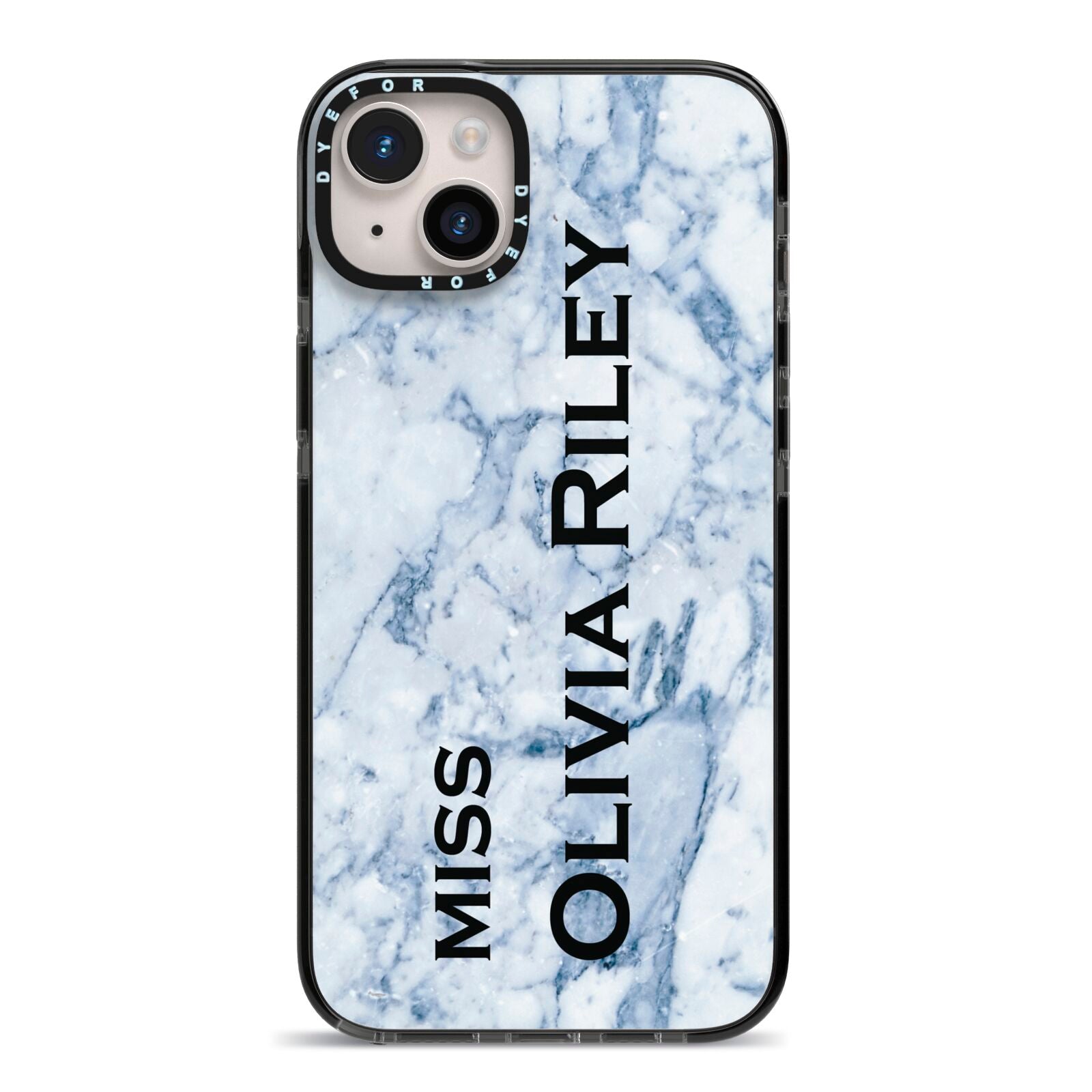Full Name Grey Marble iPhone 14 Plus Black Impact Case on Silver phone