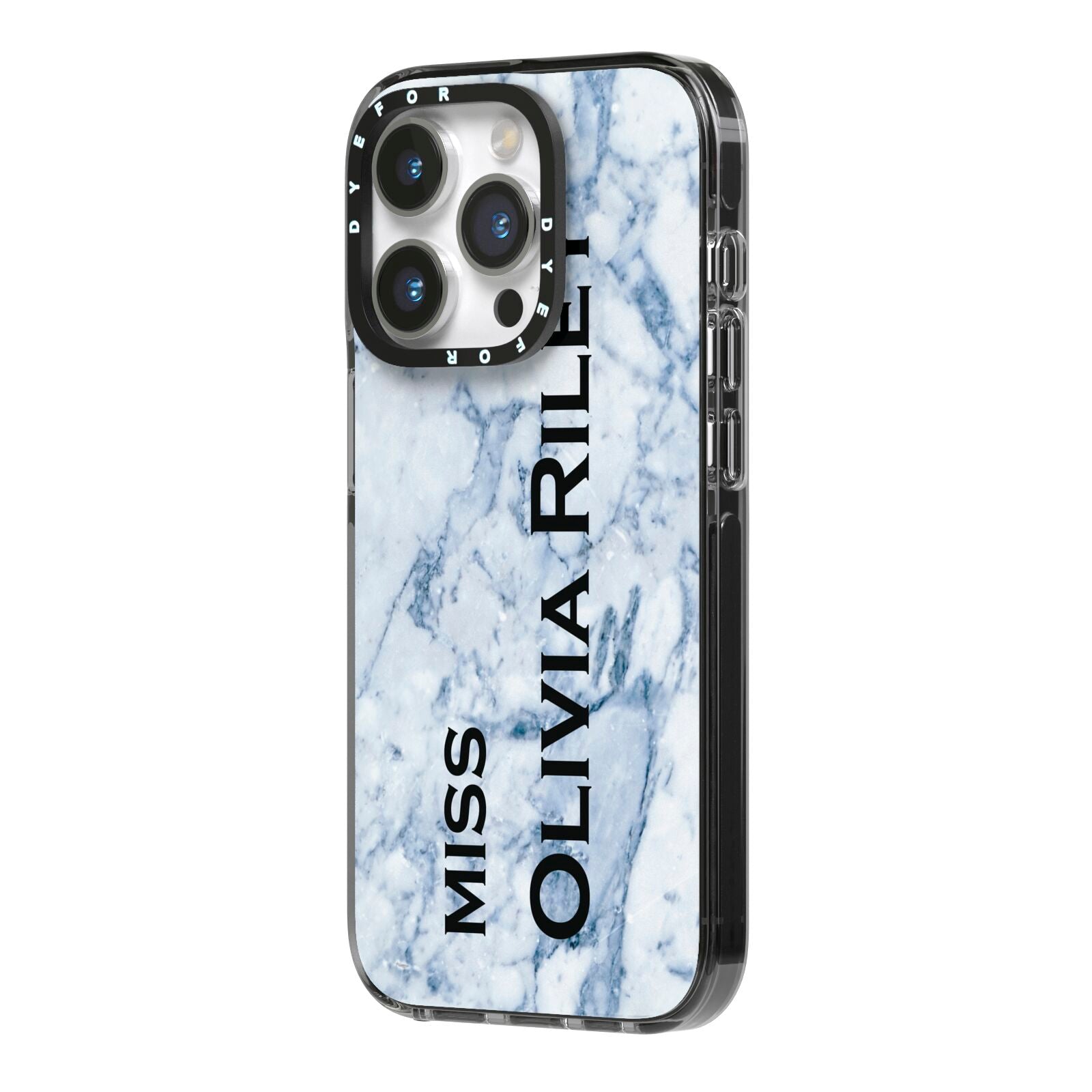 Full Name Grey Marble iPhone 14 Pro Black Impact Case Side Angle on Silver phone