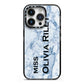 Full Name Grey Marble iPhone 14 Pro Black Impact Case on Silver phone