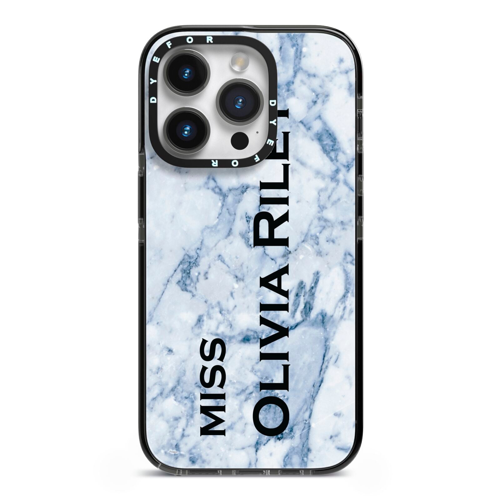 Full Name Grey Marble iPhone 14 Pro Black Impact Case on Silver phone