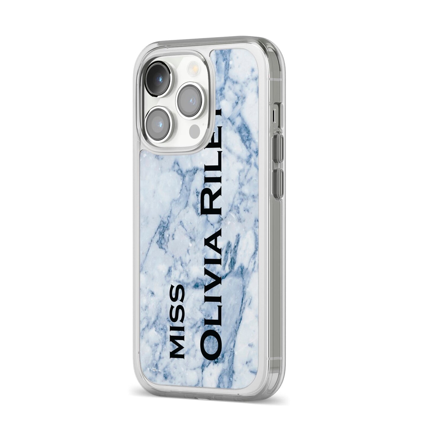 Full Name Grey Marble iPhone 14 Pro Clear Tough Case Silver Angled Image