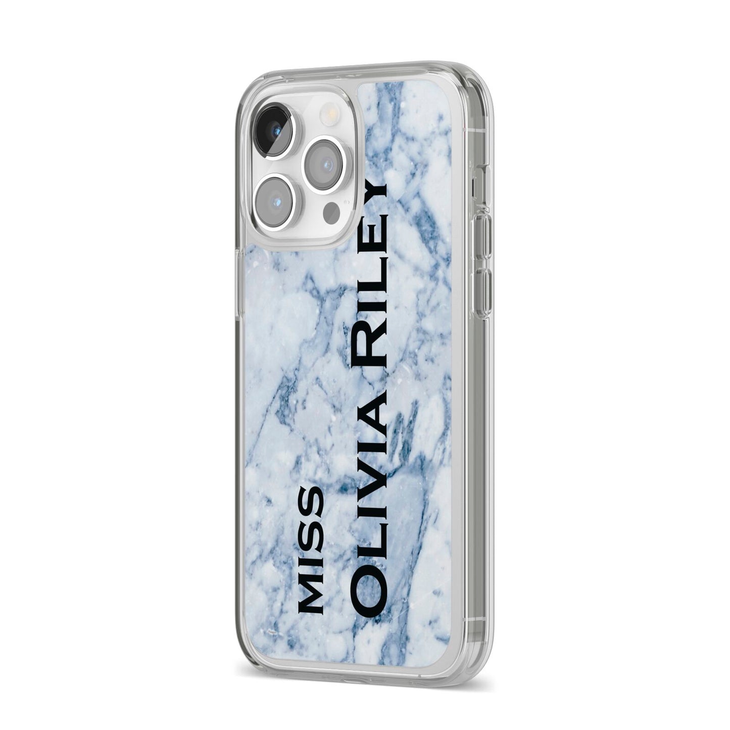 Full Name Grey Marble iPhone 14 Pro Max Clear Tough Case Silver Angled Image