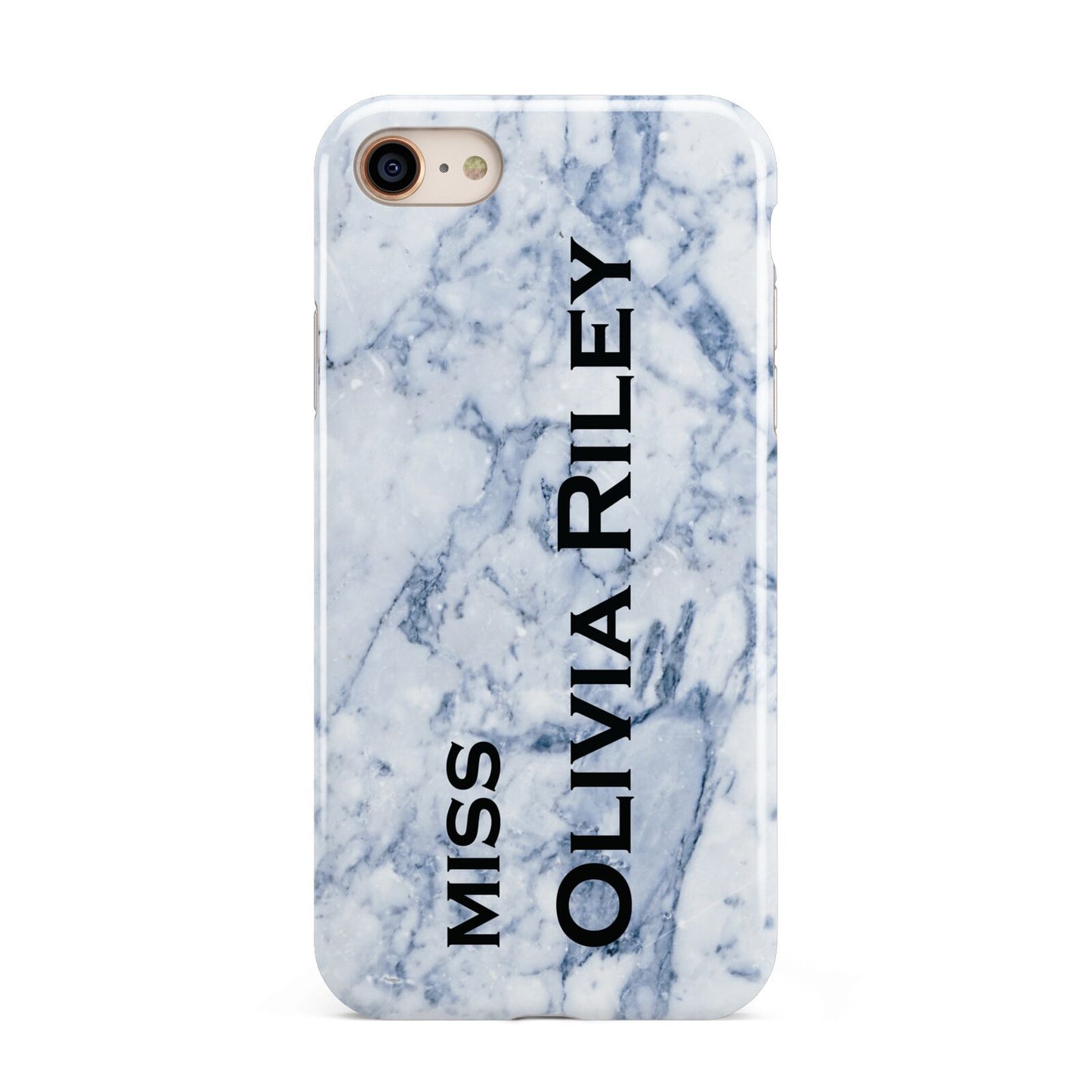 Full Name Grey Marble iPhone 8 3D Tough Case on Gold Phone
