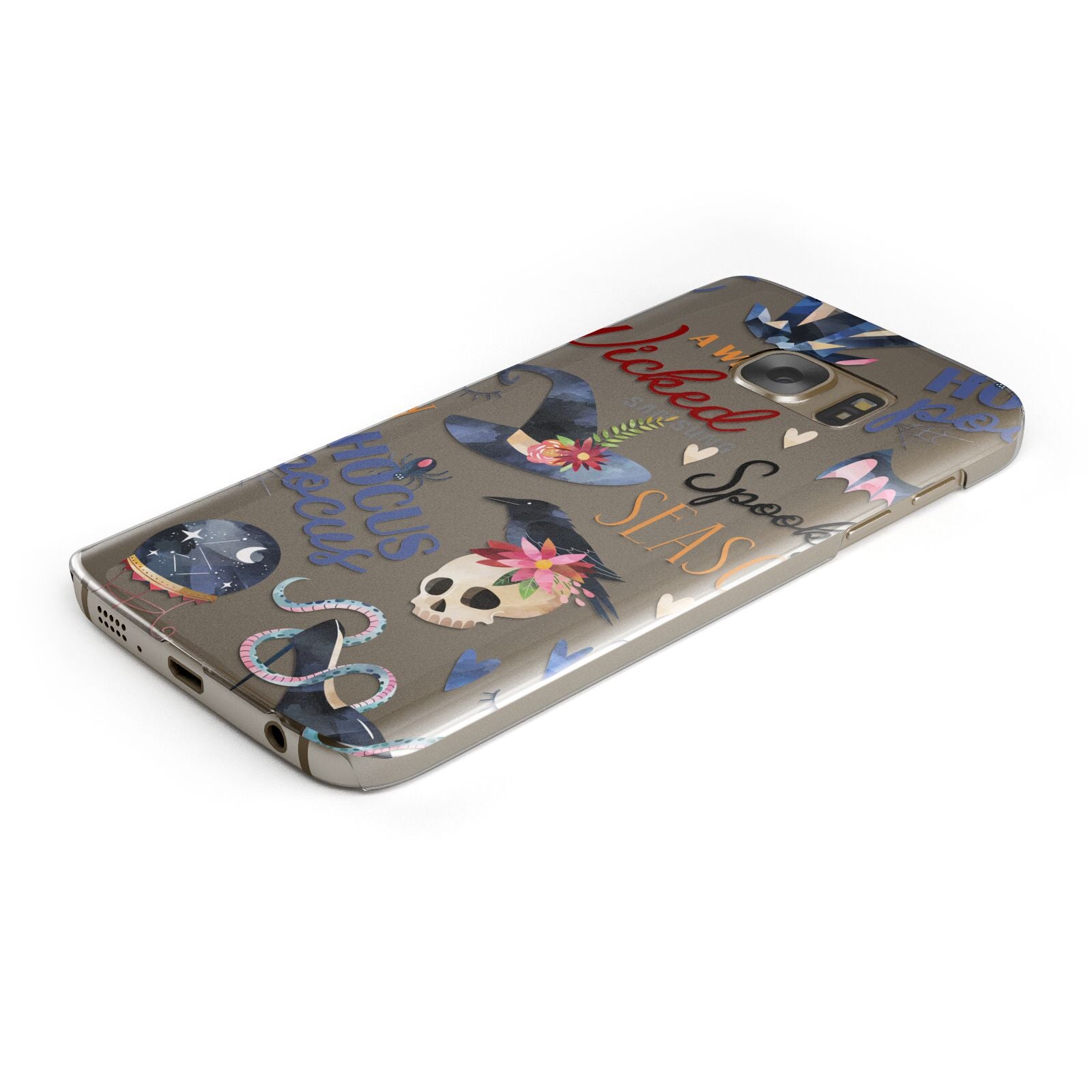 Fun Halloween Catchphrases and Watercolour Illustrations Protective Samsung Galaxy Case Angled Image