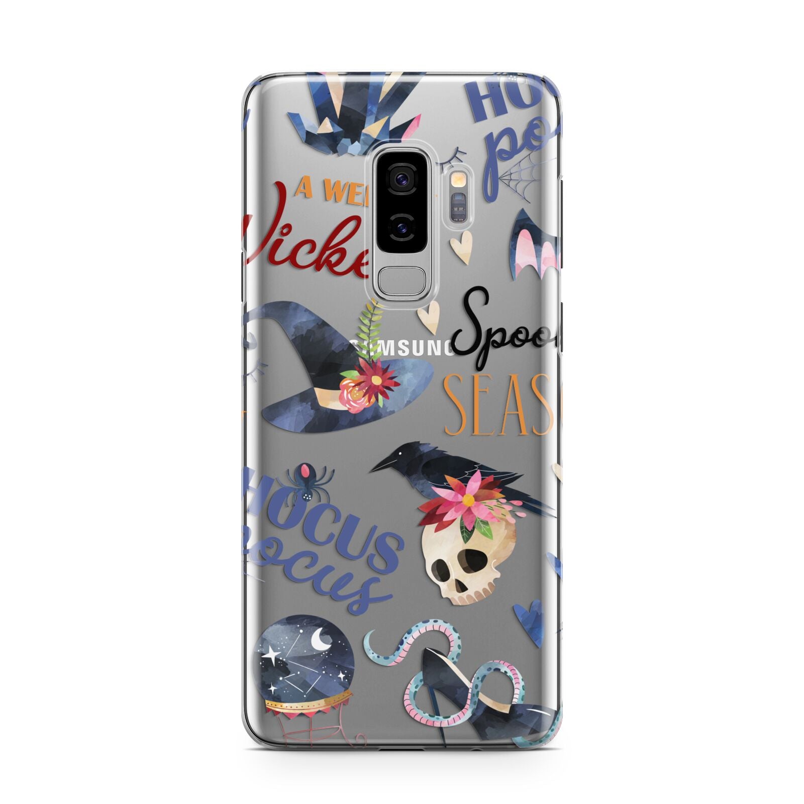 Fun Halloween Catchphrases and Watercolour Illustrations Samsung Galaxy S9 Plus Case on Silver phone