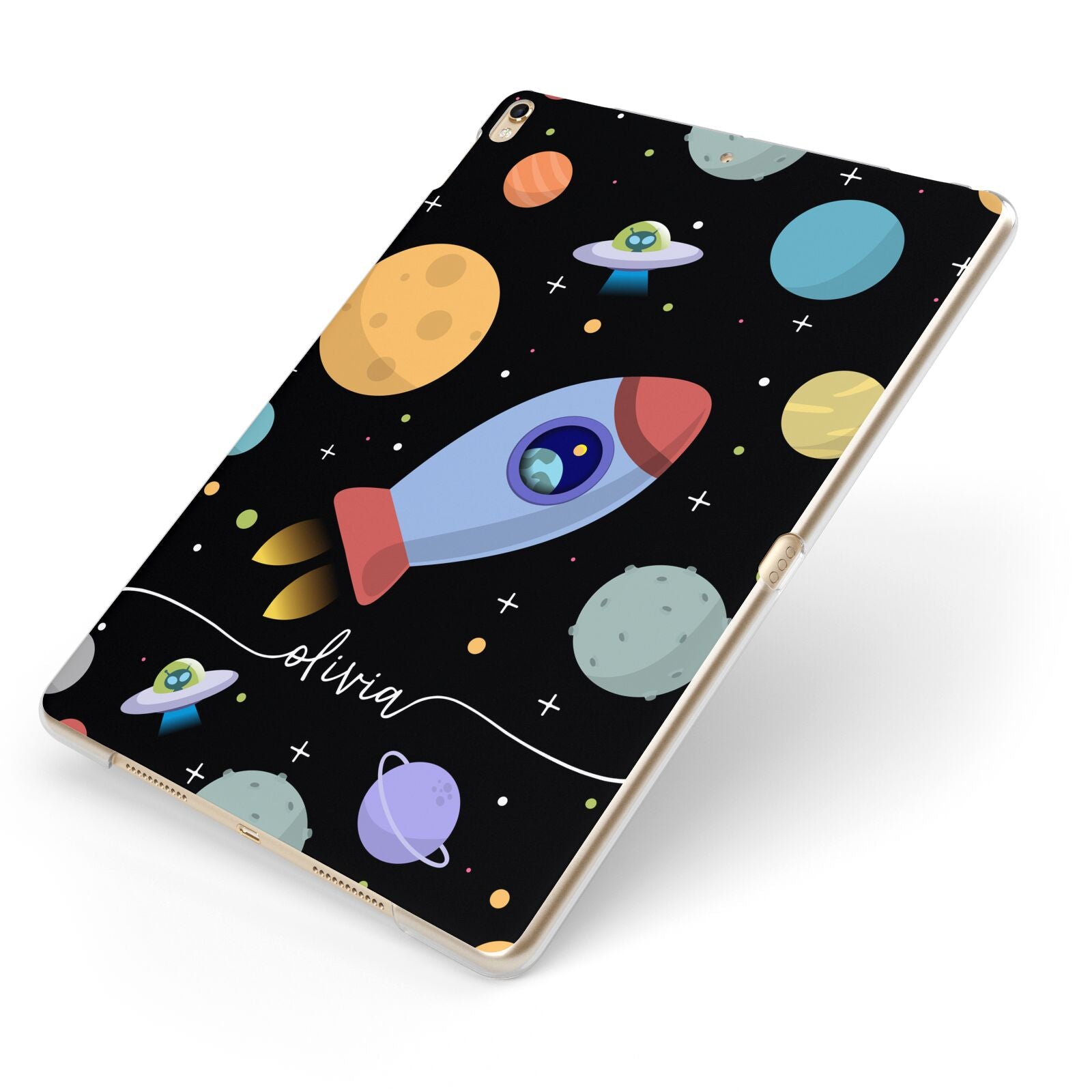 Fun Space Scene Artwork with Name Apple iPad Case on Gold iPad Side View