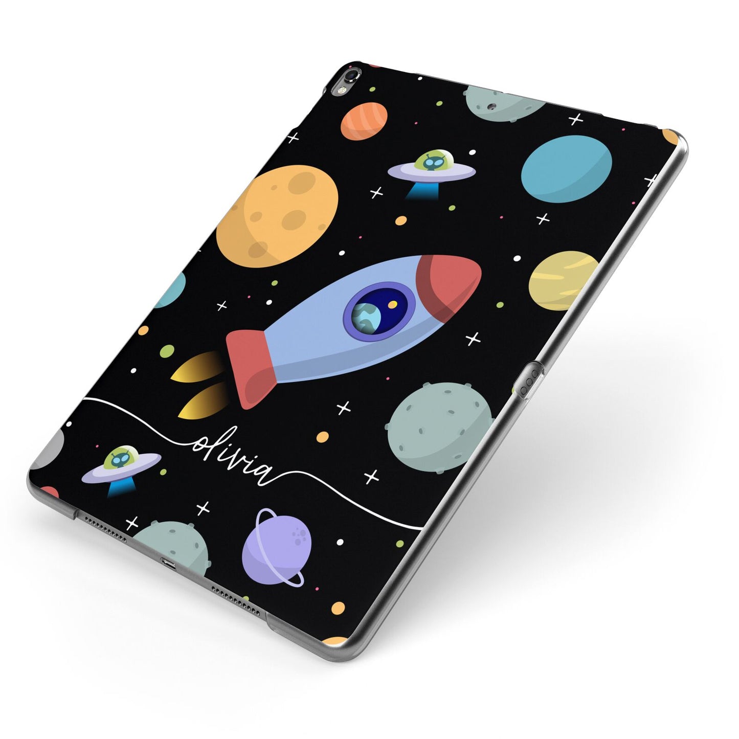 Fun Space Scene Artwork with Name Apple iPad Case on Grey iPad Side View