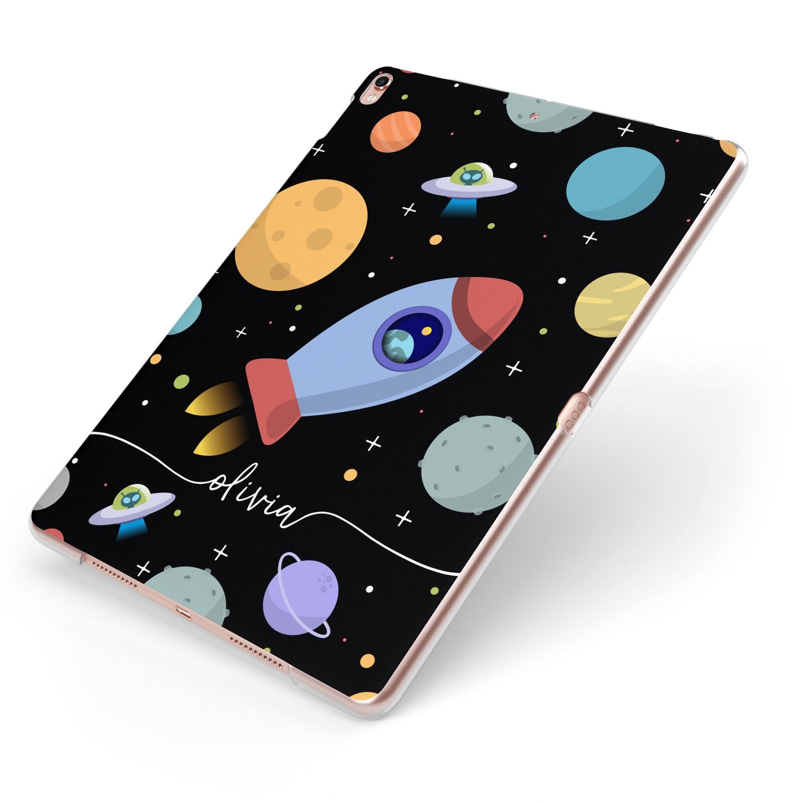 Fun Space Scene Artwork with Name Apple iPad Case on Rose Gold iPad Side View