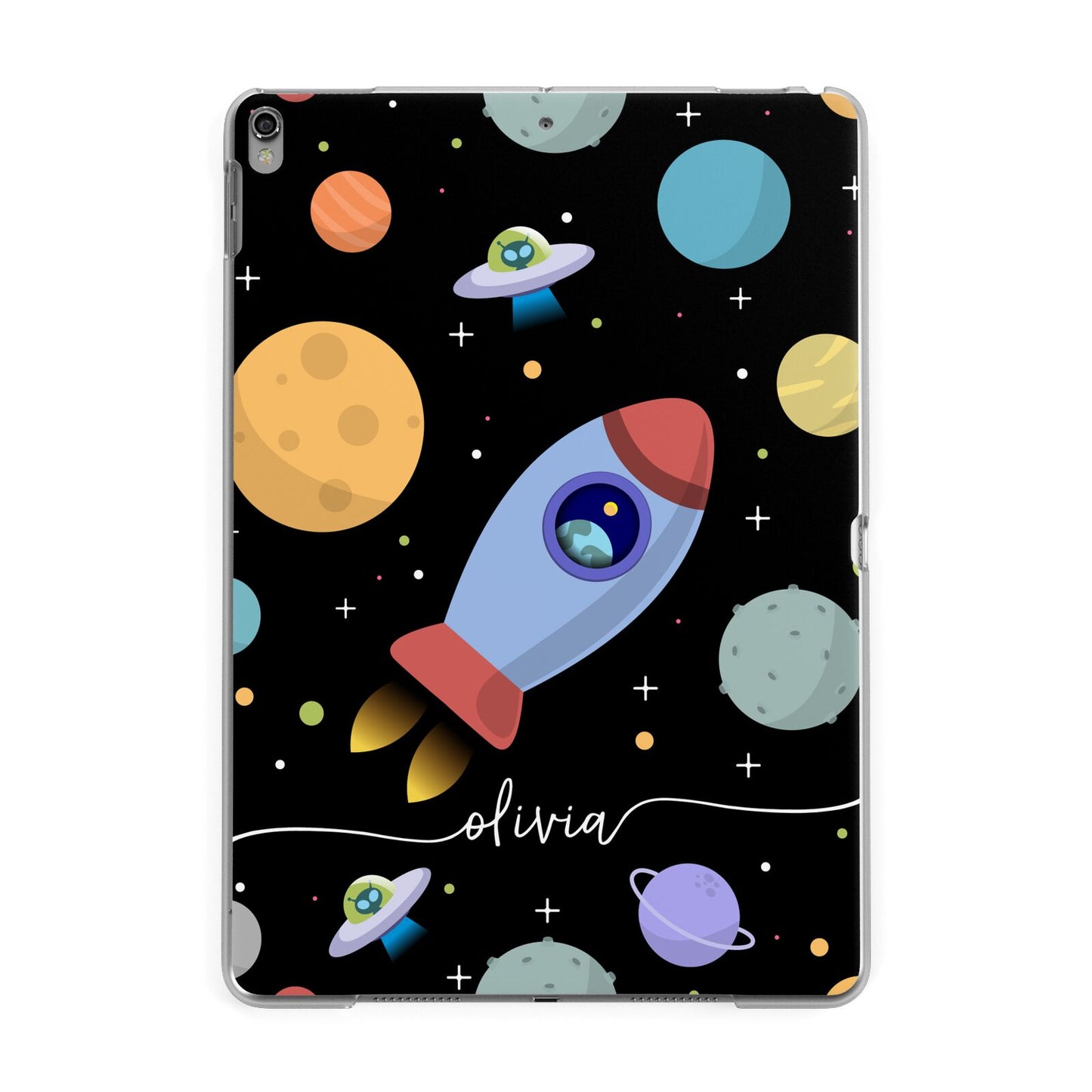 Fun Space Scene Artwork with Name Apple iPad Grey Case