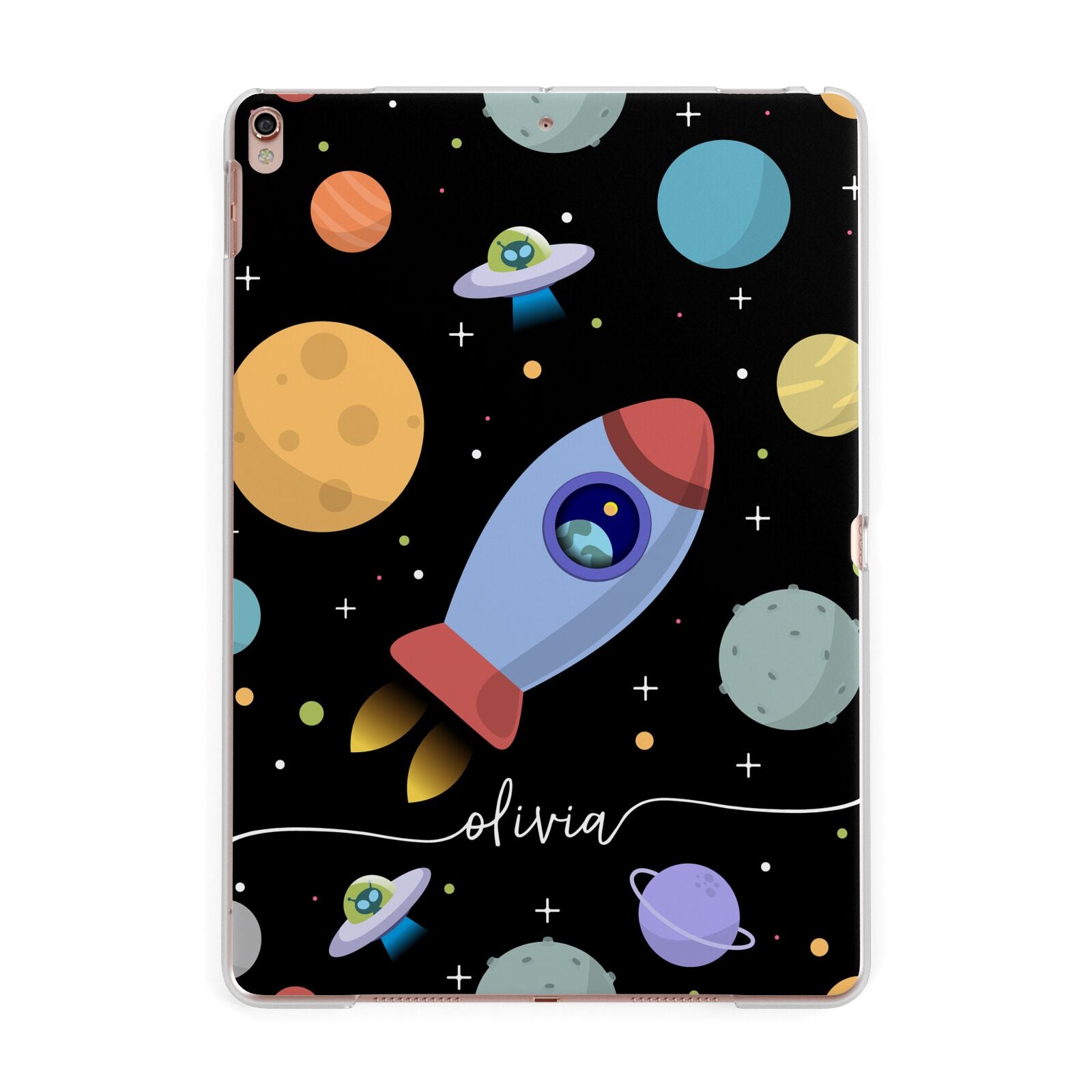 Fun Space Scene Artwork with Name Apple iPad Rose Gold Case