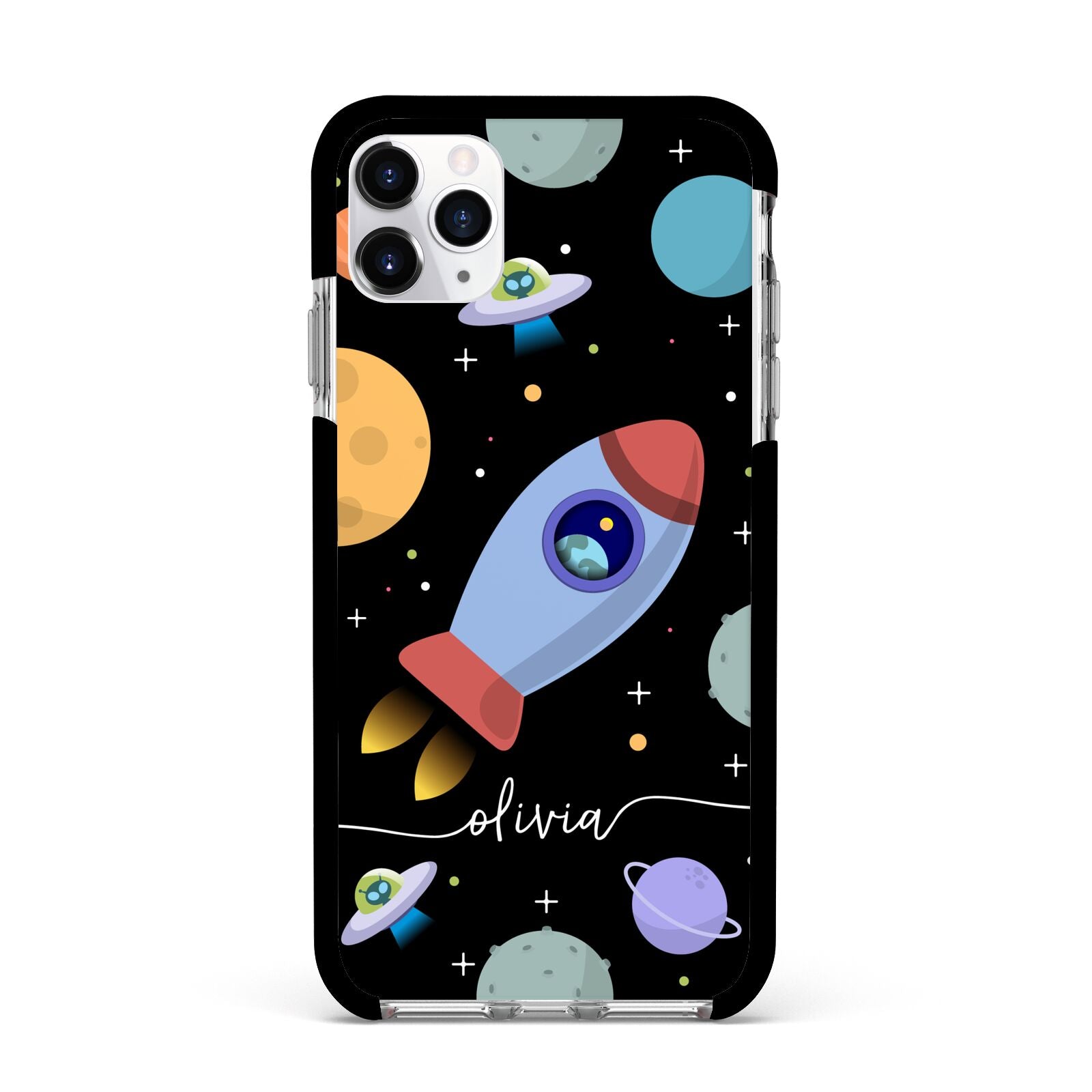 Fun Space Scene Artwork with Name Apple iPhone 11 Pro Max in Silver with Black Impact Case