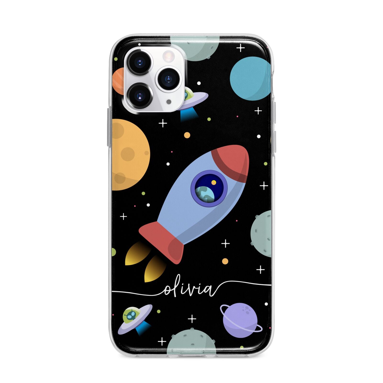 Fun Space Scene Artwork with Name Apple iPhone 11 Pro Max in Silver with Bumper Case