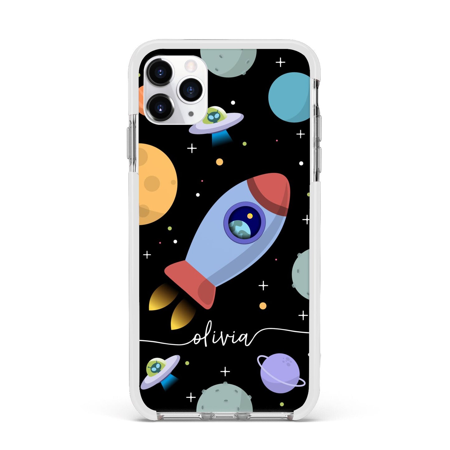 Fun Space Scene Artwork with Name Apple iPhone 11 Pro Max in Silver with White Impact Case