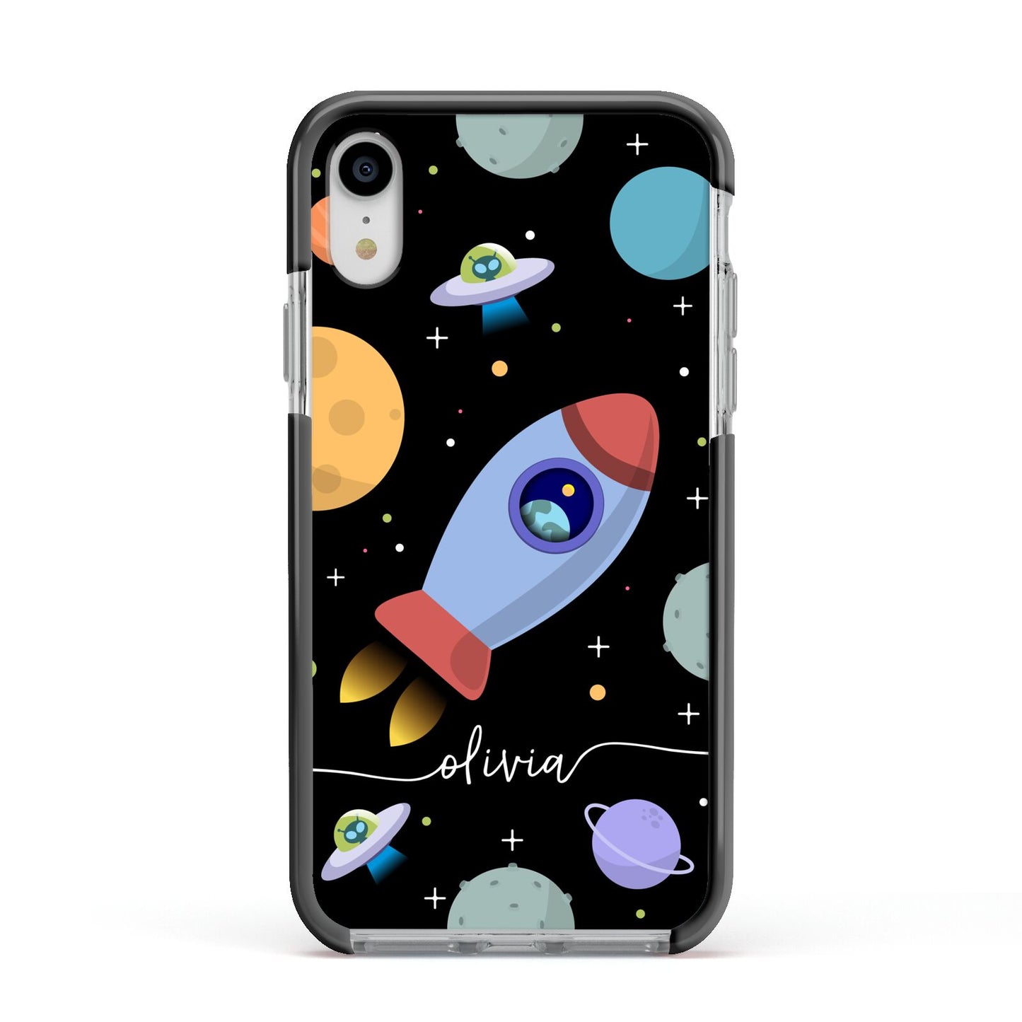 Fun Space Scene Artwork with Name Apple iPhone XR Impact Case Black Edge on Silver Phone