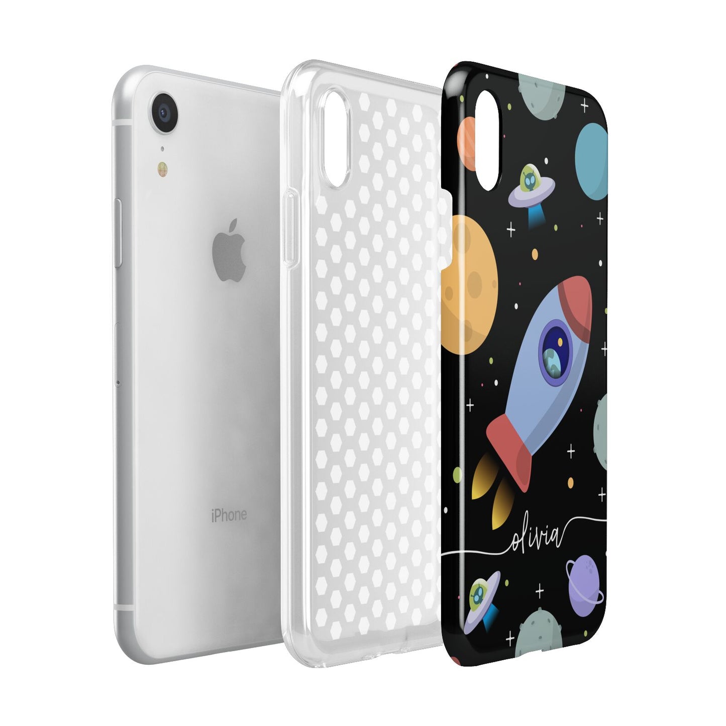 Fun Space Scene Artwork with Name Apple iPhone XR White 3D Tough Case Expanded view