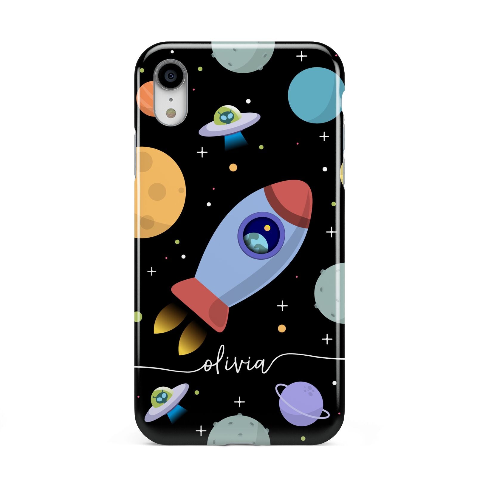 Fun Space Scene Artwork with Name Apple iPhone XR White 3D Tough Case