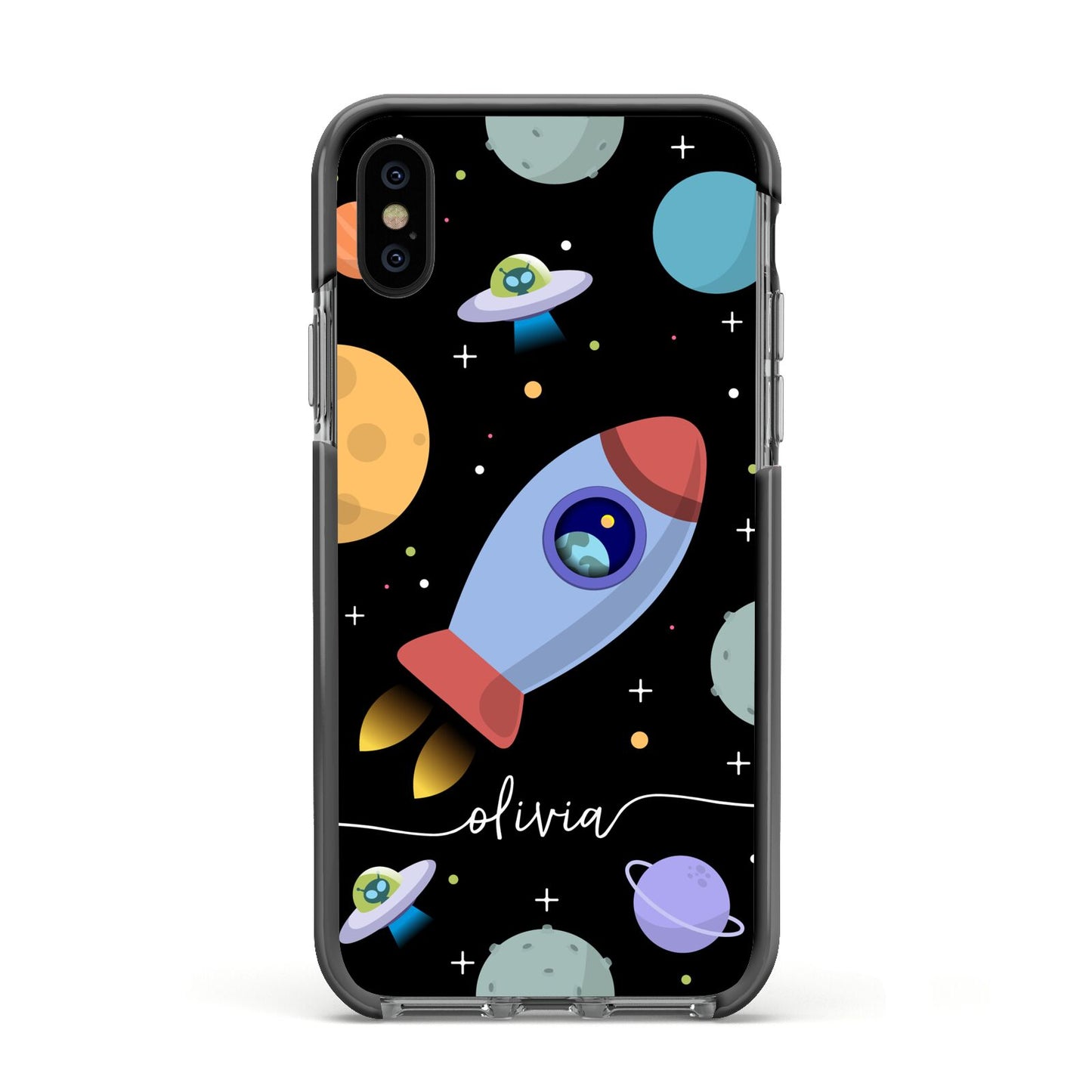 Fun Space Scene Artwork with Name Apple iPhone Xs Impact Case Black Edge on Black Phone