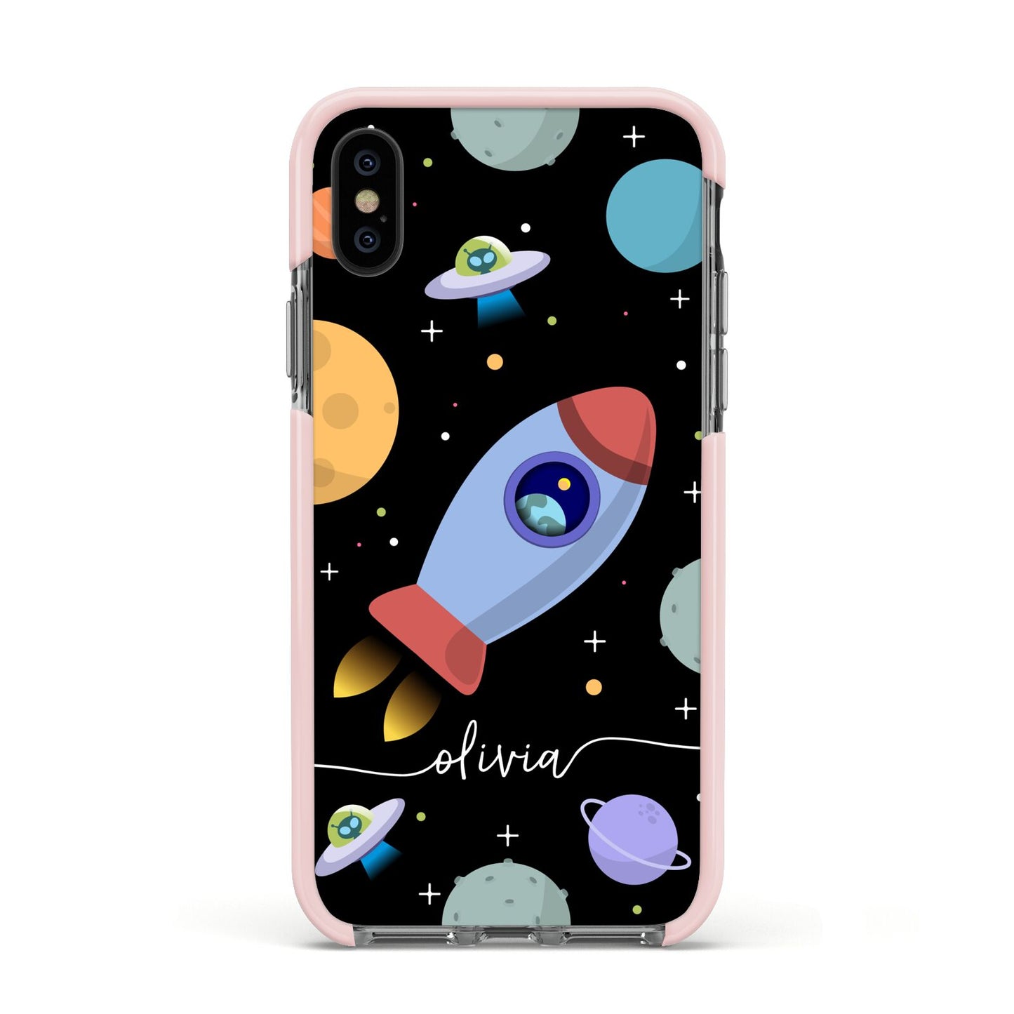 Fun Space Scene Artwork with Name Apple iPhone Xs Impact Case Pink Edge on Black Phone