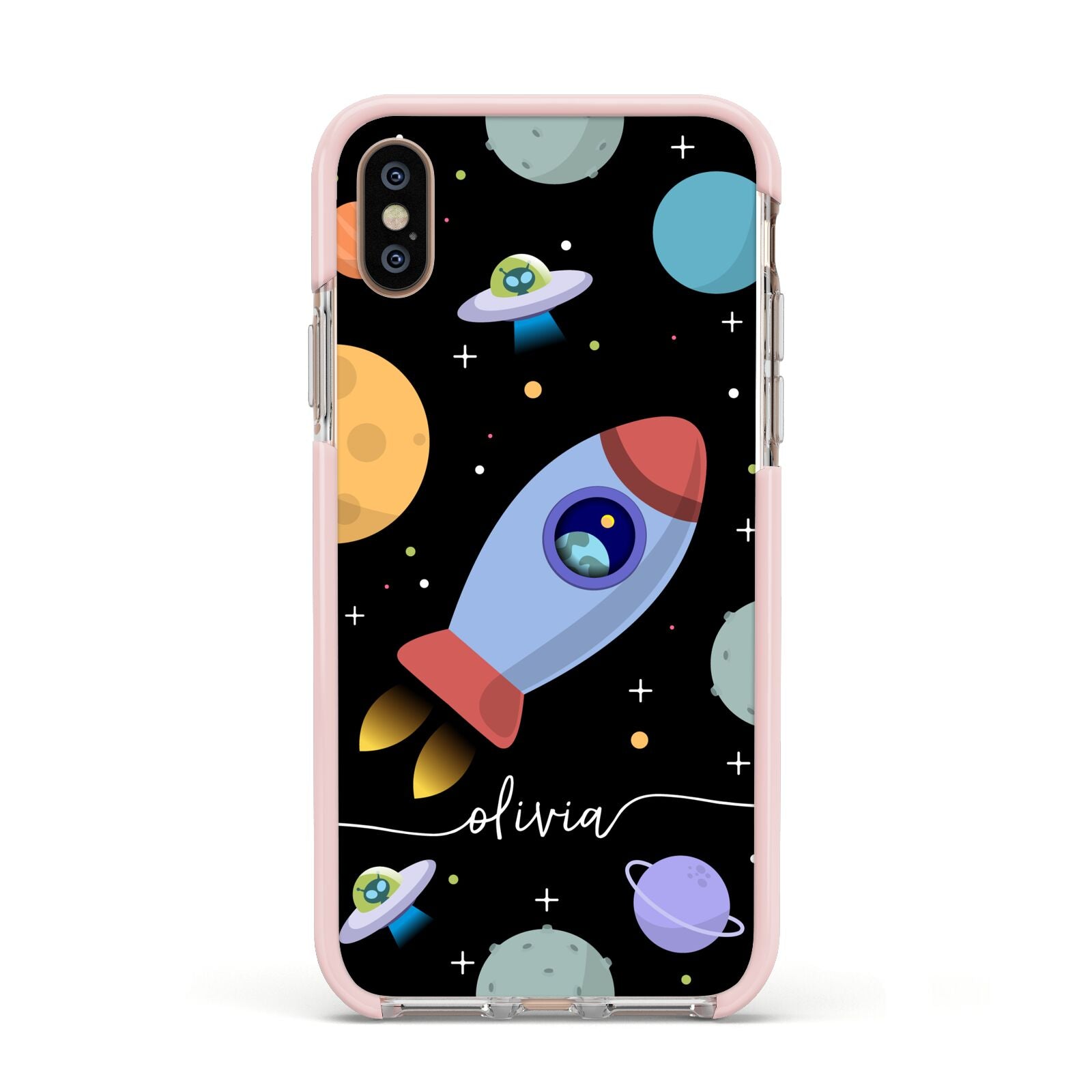 Fun Space Scene Artwork with Name Apple iPhone Xs Impact Case Pink Edge on Gold Phone