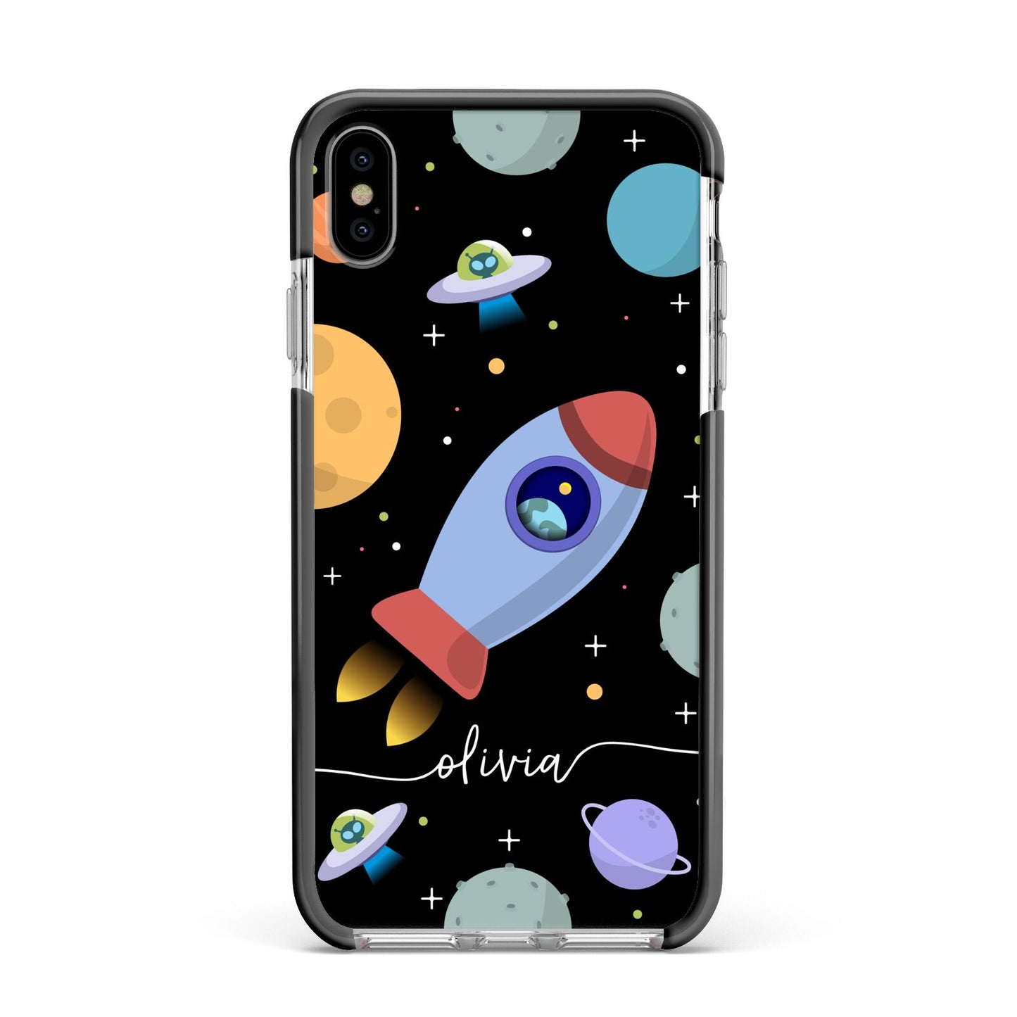 Fun Space Scene Artwork with Name Apple iPhone Xs Max Impact Case Black Edge on Silver Phone
