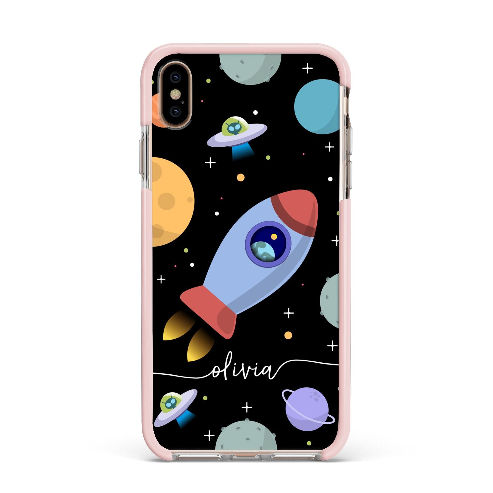 Fun Space Scene Artwork with Name Apple iPhone Xs Max Impact Case Pink Edge on Gold Phone