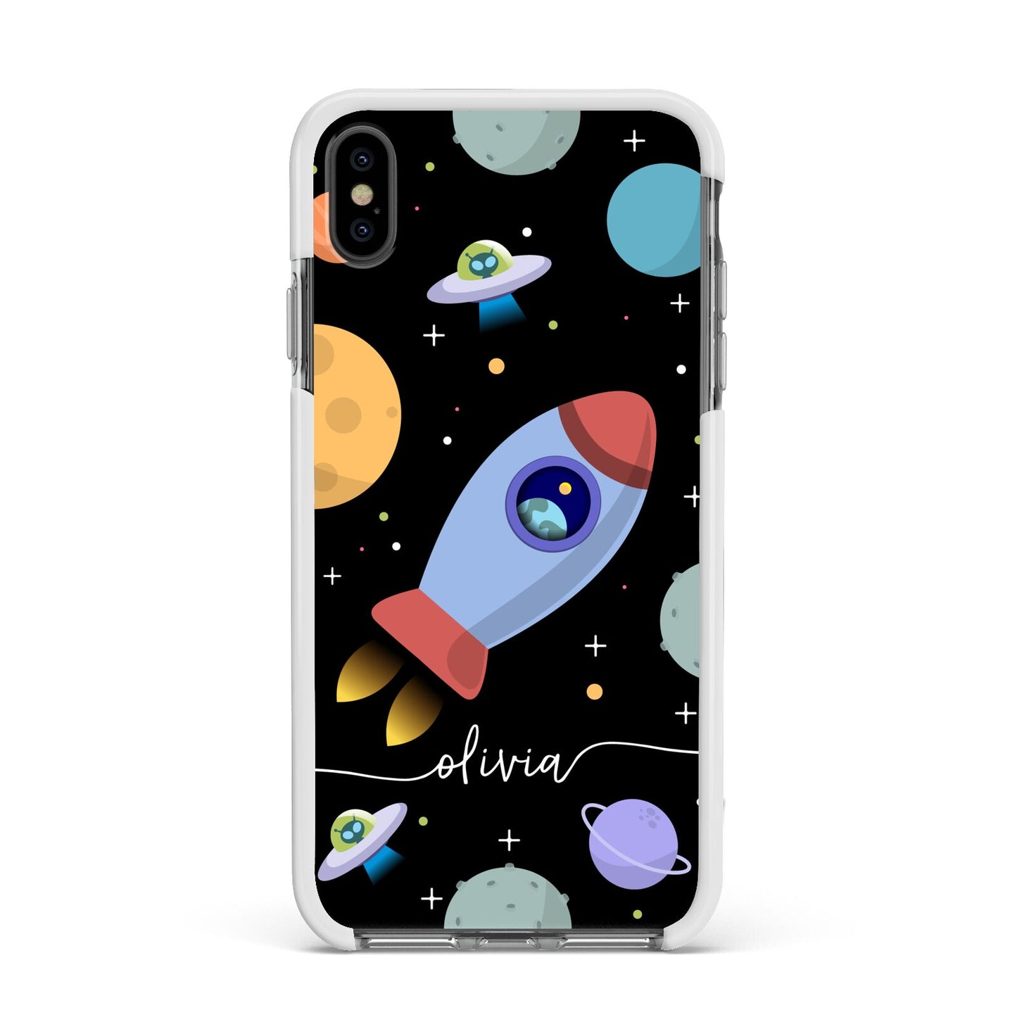 Fun Space Scene Artwork with Name Apple iPhone Xs Max Impact Case White Edge on Black Phone