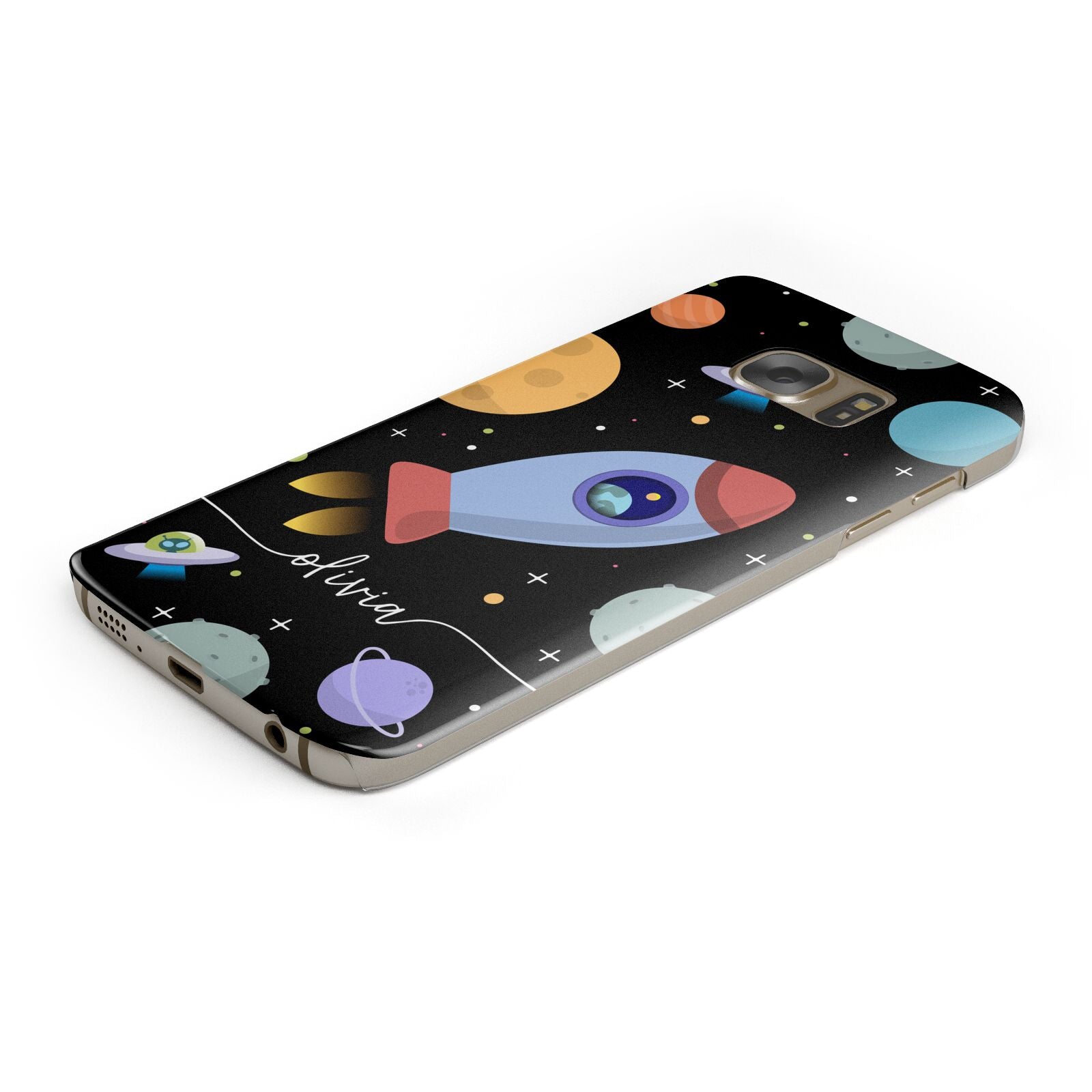 Fun Space Scene Artwork with Name Protective Samsung Galaxy Case Angled Image