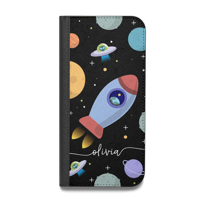 Fun Space Scene Artwork with Name Vegan Leather Flip iPhone Case