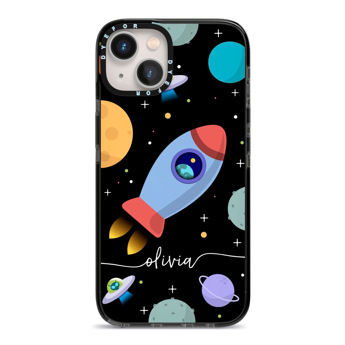 Fun Space Scene Artwork with Name iPhone 13 Black Impact Case on Silver phone