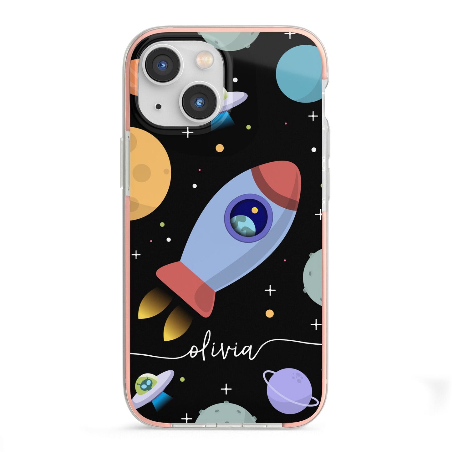 Fun Space Scene Artwork with Name iPhone 13 Mini TPU Impact Case with Pink Edges