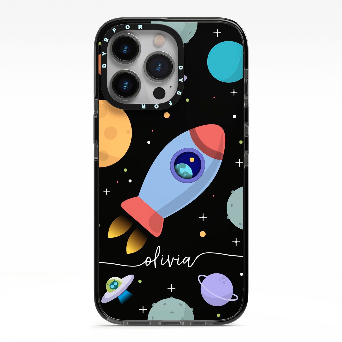 Fun Space Scene Artwork with Name iPhone 13 Pro Black Impact Case on Silver phone