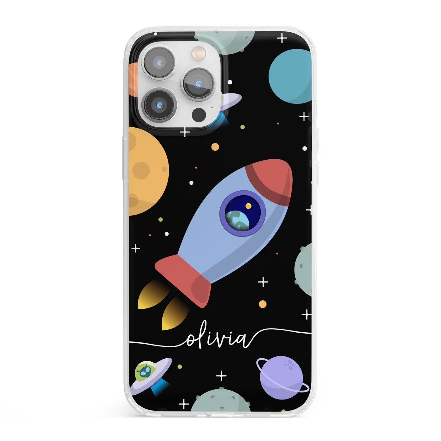 Fun Space Scene Artwork with Name iPhone 13 Pro Max Clear Bumper Case