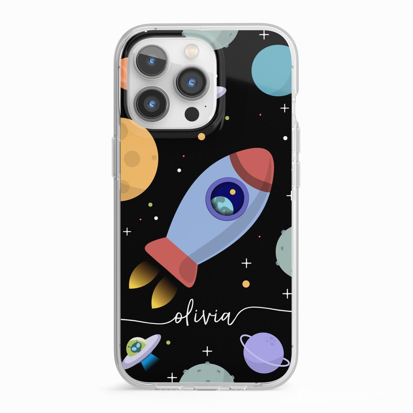 Fun Space Scene Artwork with Name iPhone 13 Pro TPU Impact Case with White Edges