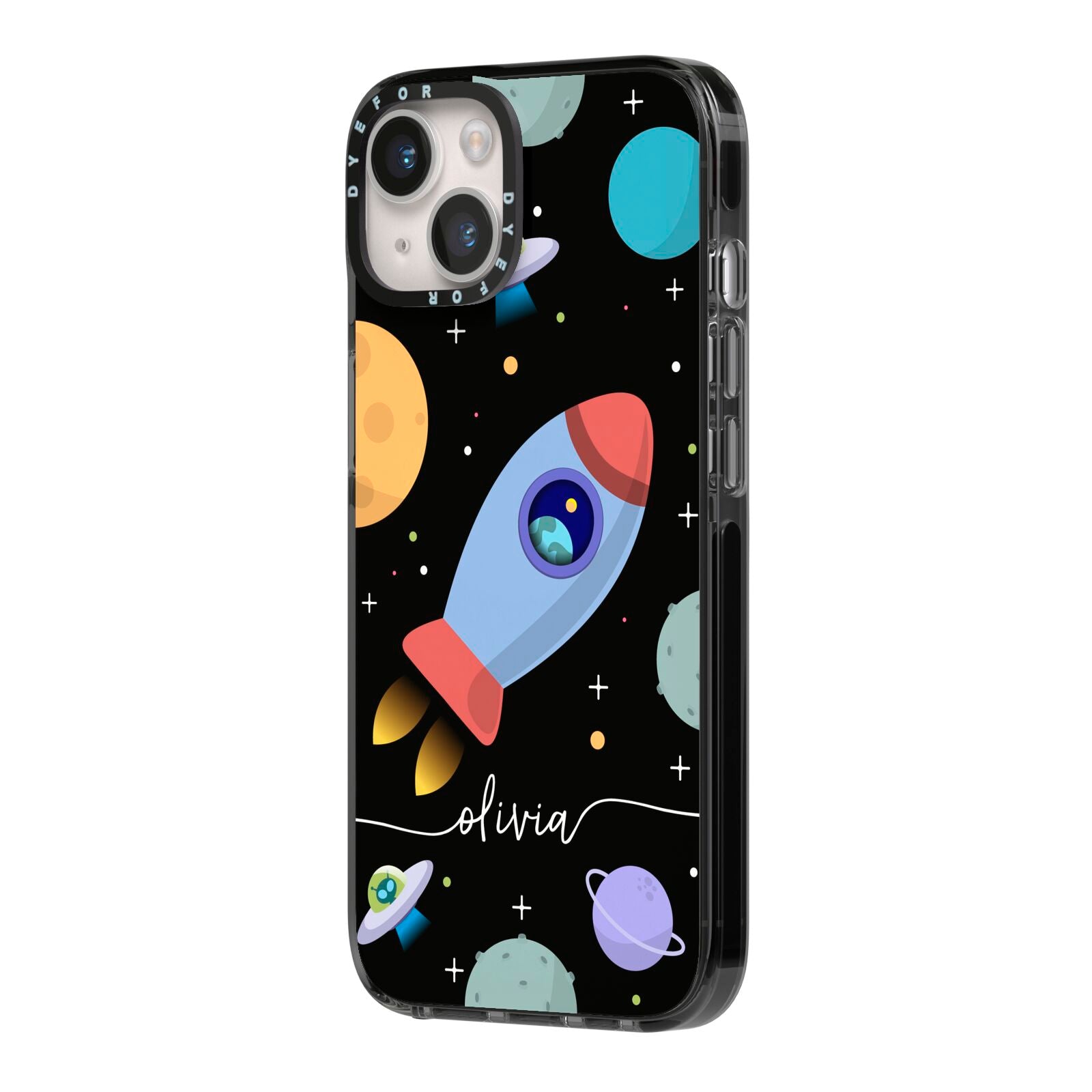 Fun Space Scene Artwork with Name iPhone 14 Black Impact Case Side Angle on Silver phone