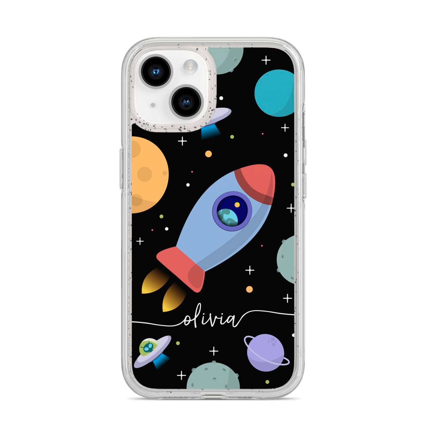 Fun Space Scene Artwork with Name iPhone 14 Glitter Tough Case Starlight