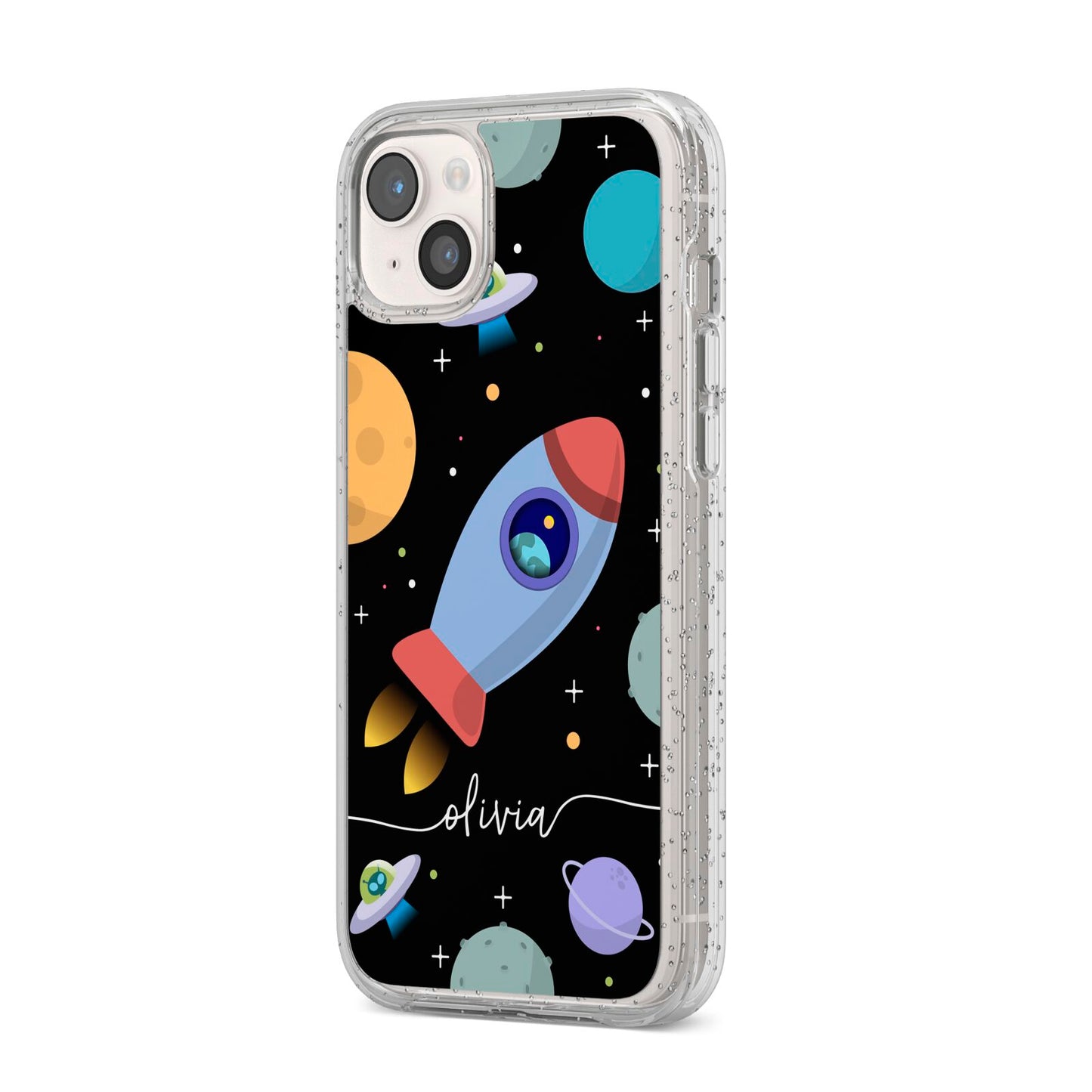 Fun Space Scene Artwork with Name iPhone 14 Plus Glitter Tough Case Starlight Angled Image