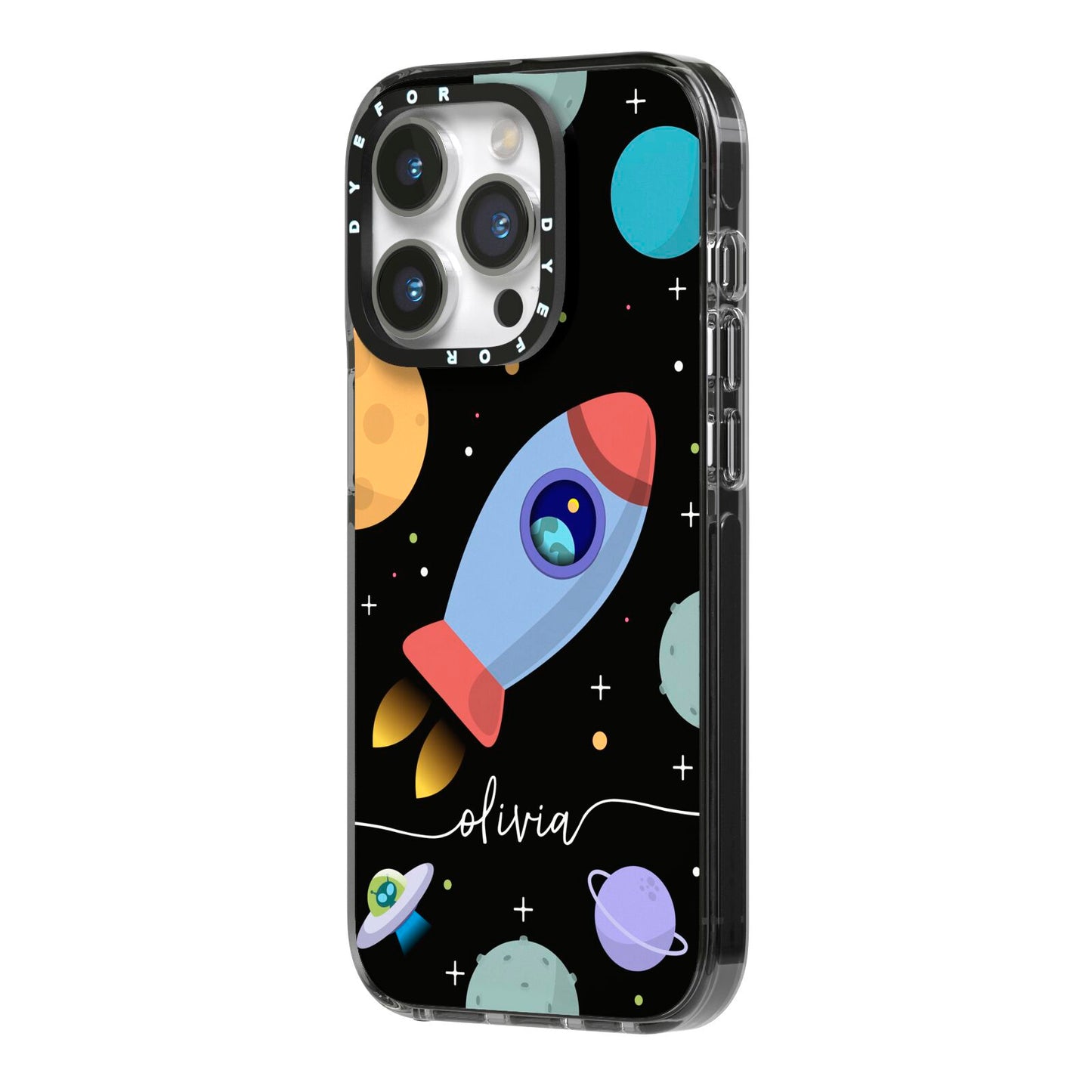 Fun Space Scene Artwork with Name iPhone 14 Pro Black Impact Case Side Angle on Silver phone