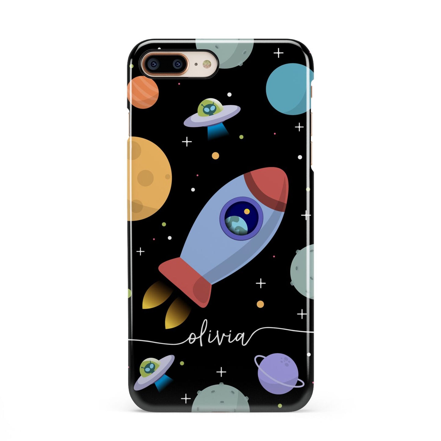 Fun Space Scene Artwork with Name iPhone 8 Plus 3D Snap Case on Gold Phone