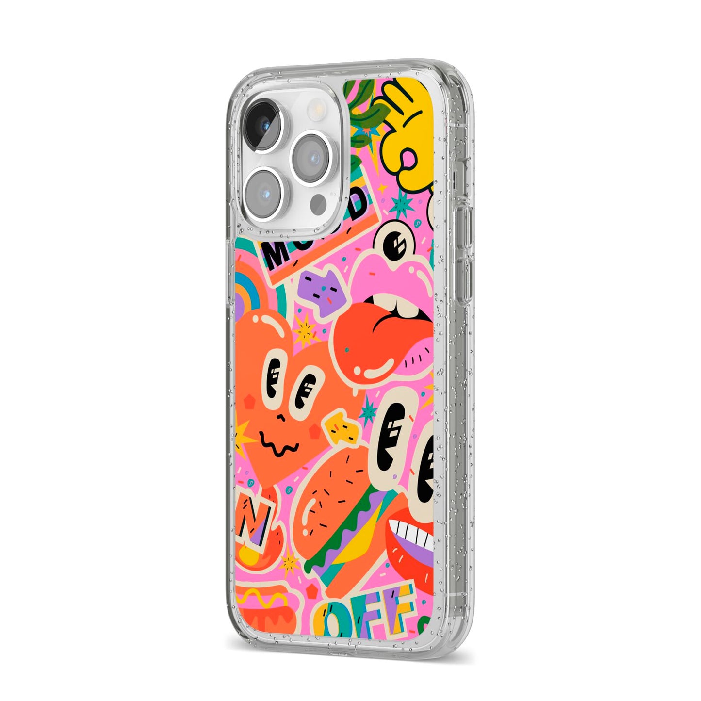 Fun Sticker iPhone 14 Pro Max Glitter Tough Case Silver Angled Image