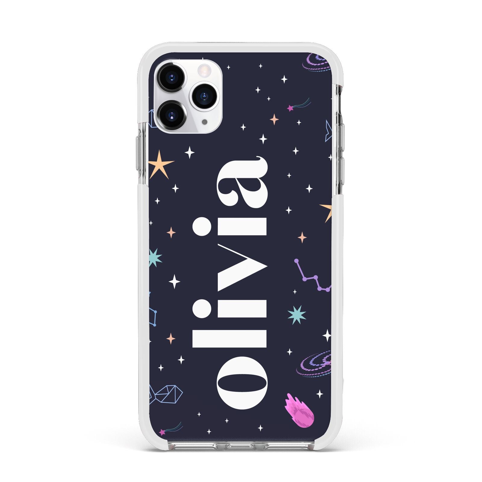 Funky Starry Night Personalised Name Apple iPhone 11 Pro Max in Silver with White Impact Case