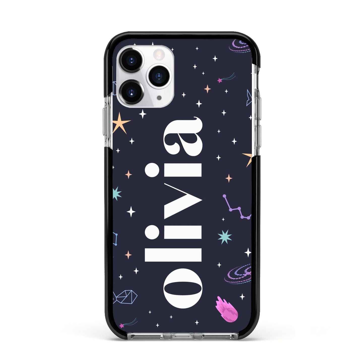 Funky Starry Night Personalised Name Apple iPhone 11 Pro in Silver with Black Impact Case