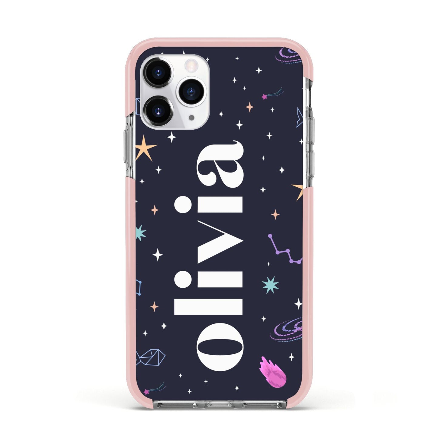 Funky Starry Night Personalised Name Apple iPhone 11 Pro in Silver with Pink Impact Case