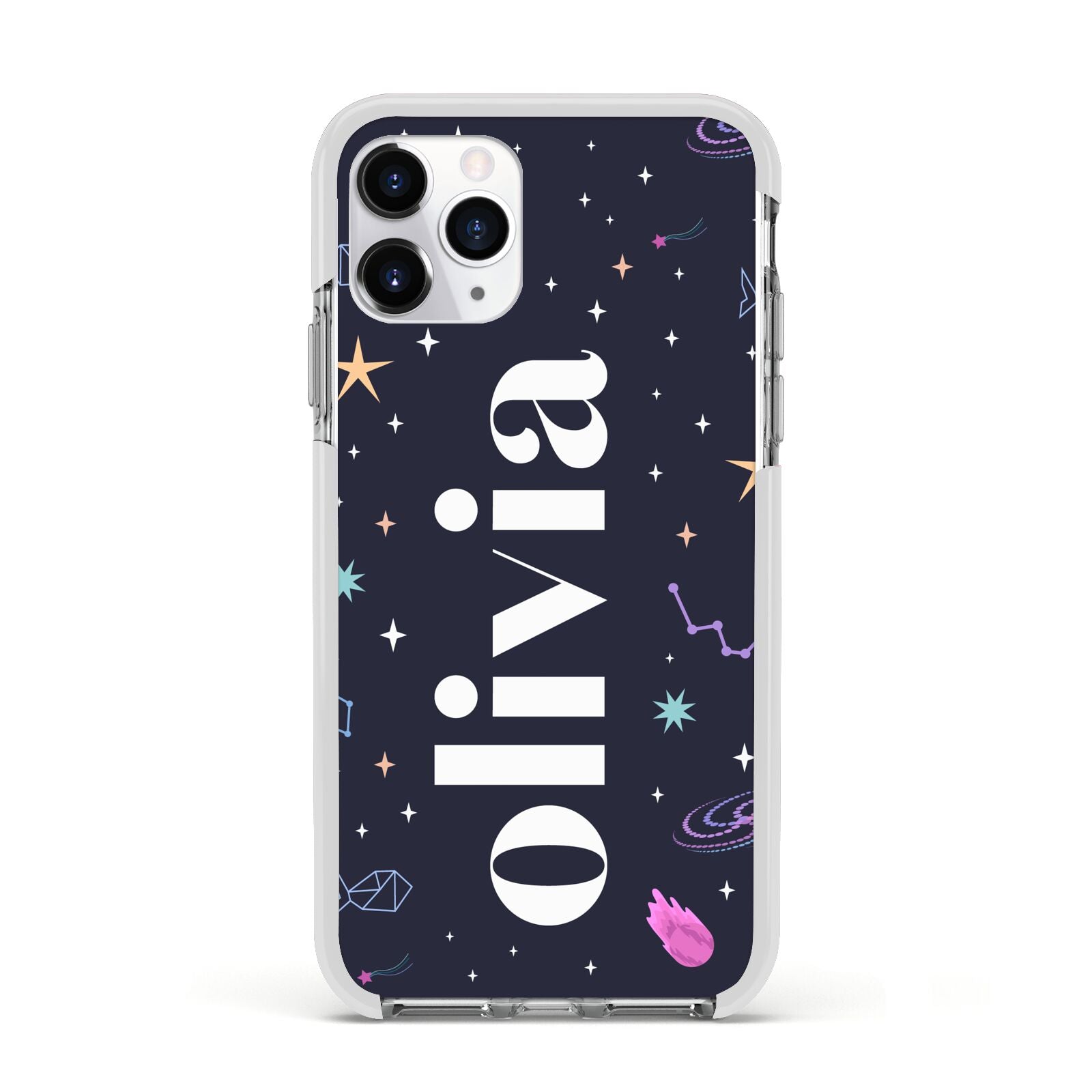Funky Starry Night Personalised Name Apple iPhone 11 Pro in Silver with White Impact Case