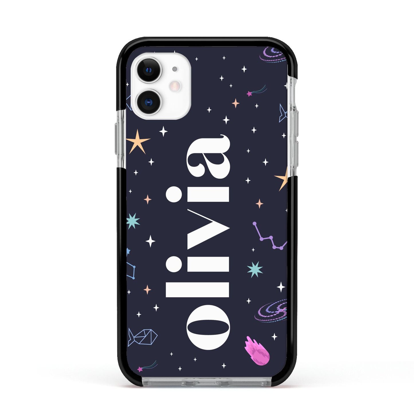 Funky Starry Night Personalised Name Apple iPhone 11 in White with Black Impact Case