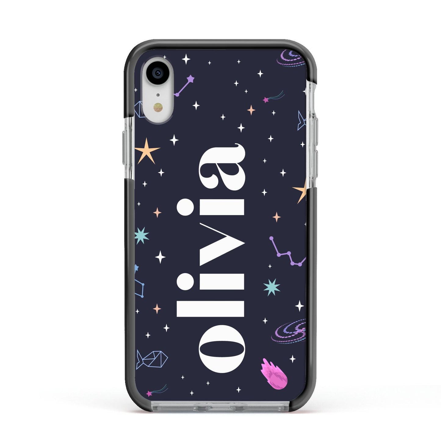 Funky Starry Night Personalised Name Apple iPhone XR Impact Case Black Edge on Silver Phone